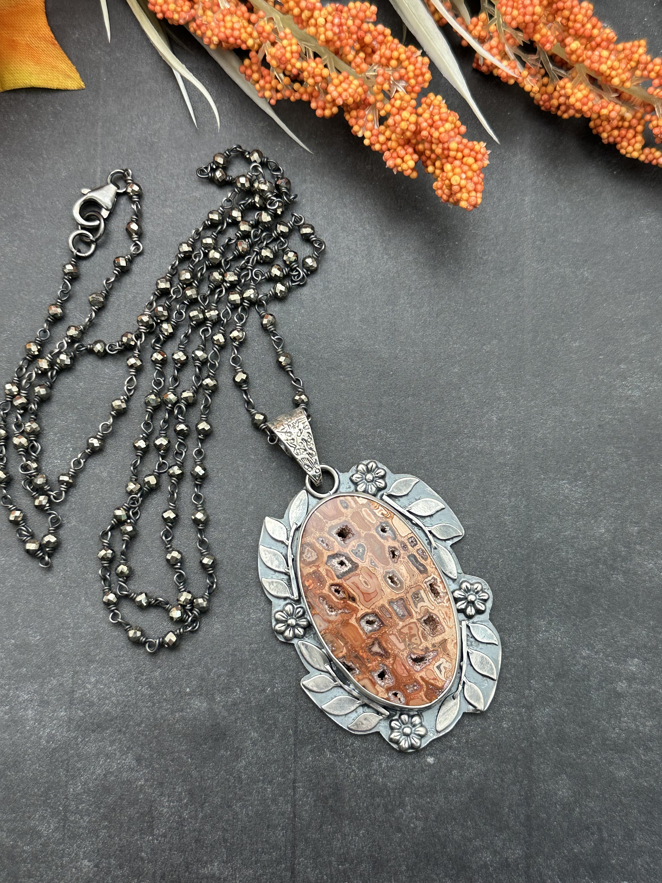 Druzy Pocket Petrified Palm Wood And Pyrite Artisan Necklace