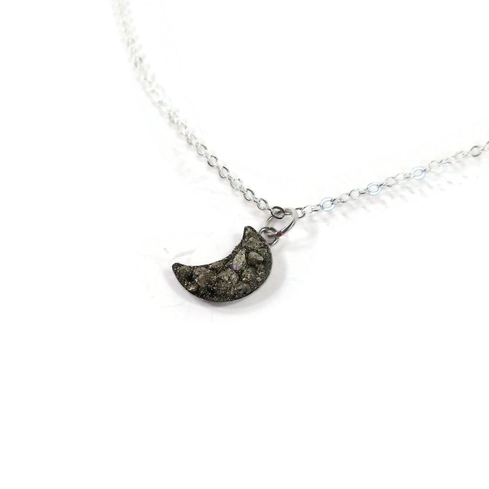 Pyrite Fool's Gold Moon Silver Plated 18" Crushed Stone Necklace Pyrite Fool's Gold Moon Silver Plated 18" Crushed Stone Necklace