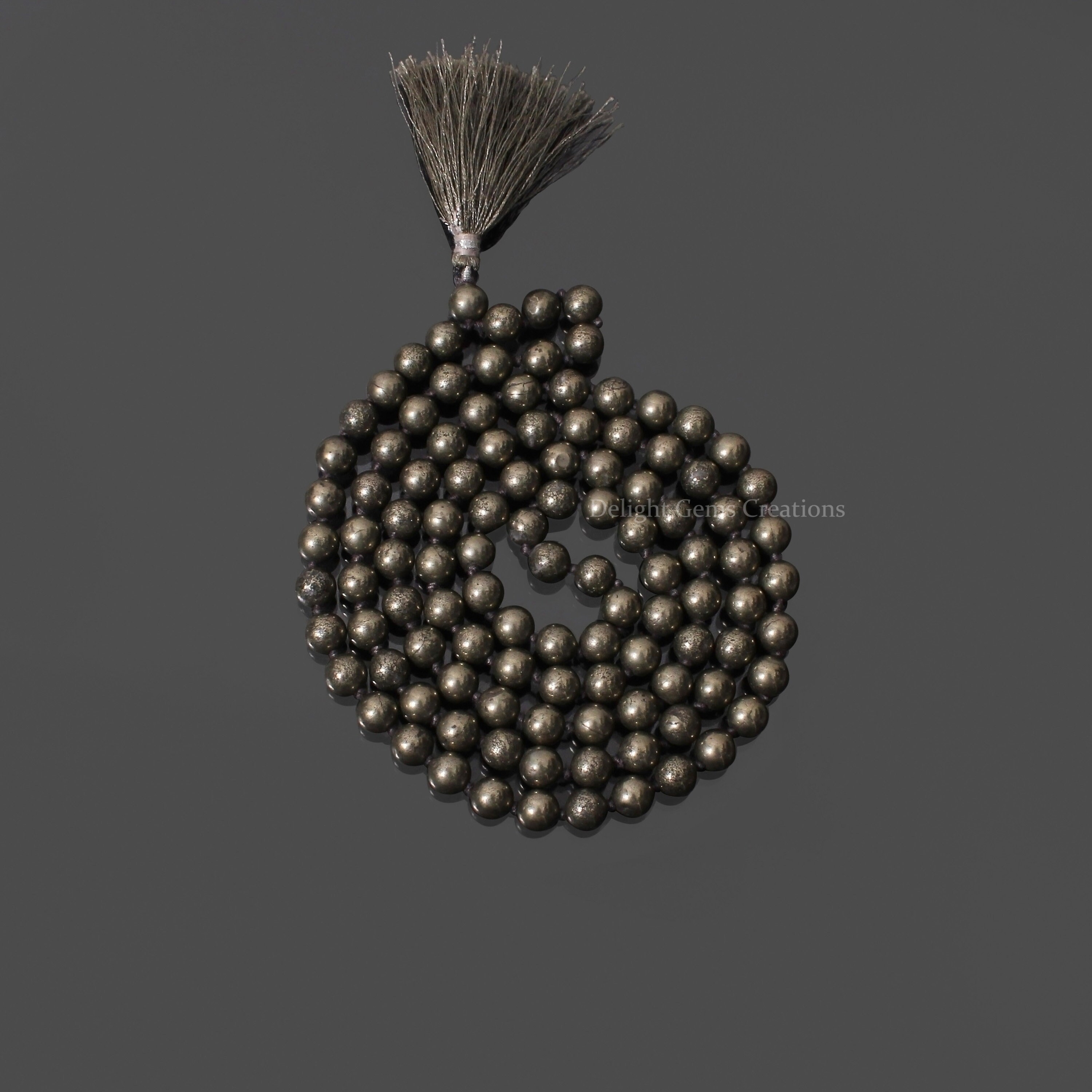 Natural Pyrite 108 Beads Mala Necklace, 8mm Smooth Round Beads Mala, Hand Knotted, Beaded Mala, Tassel Yoga Necklace