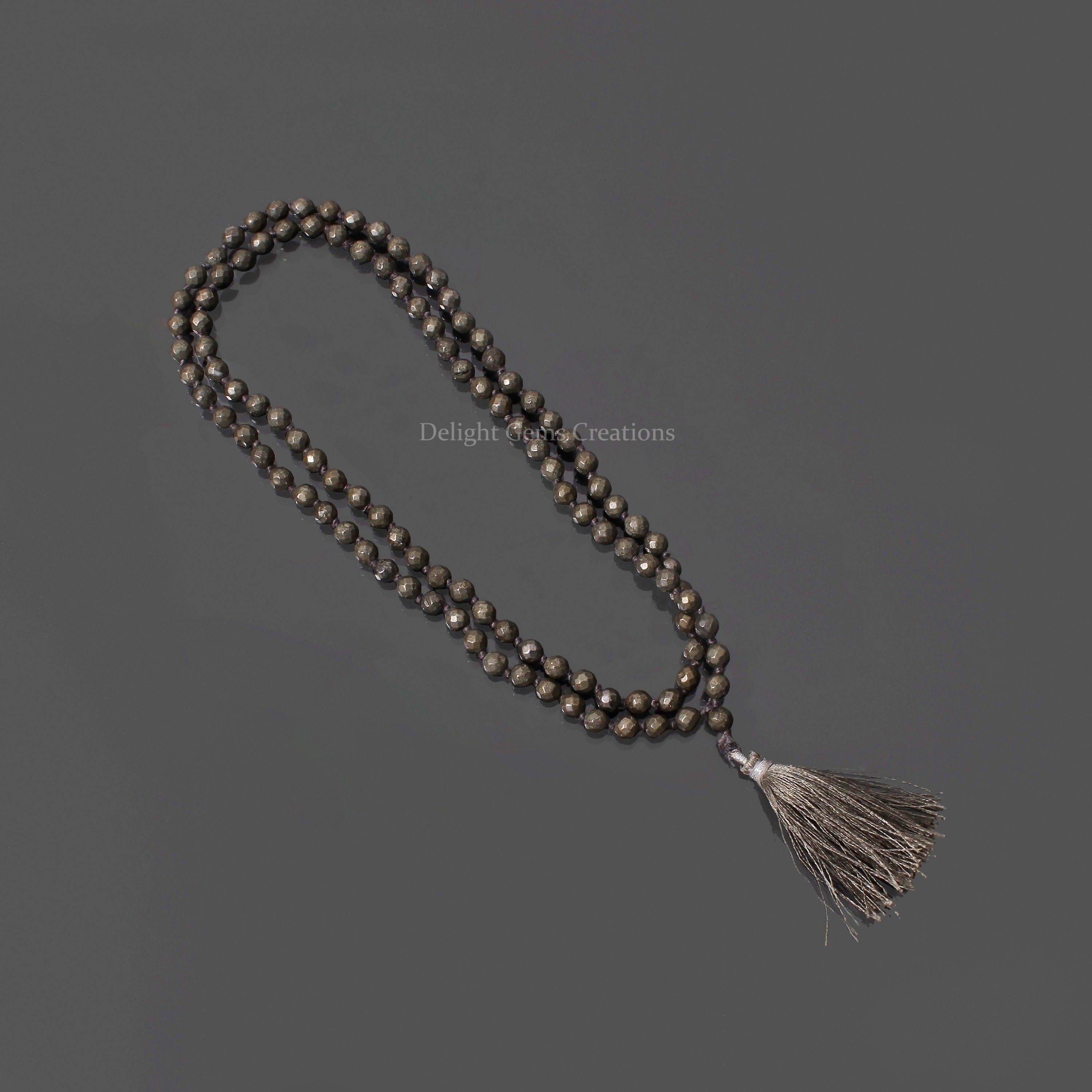 Natural Pyrite Beads Mala Necklace, 5.5mm Faceted Round Beads, Hand Knotted Golden Sheen Pyrite 108 Beads Mala, Gemstone Mala