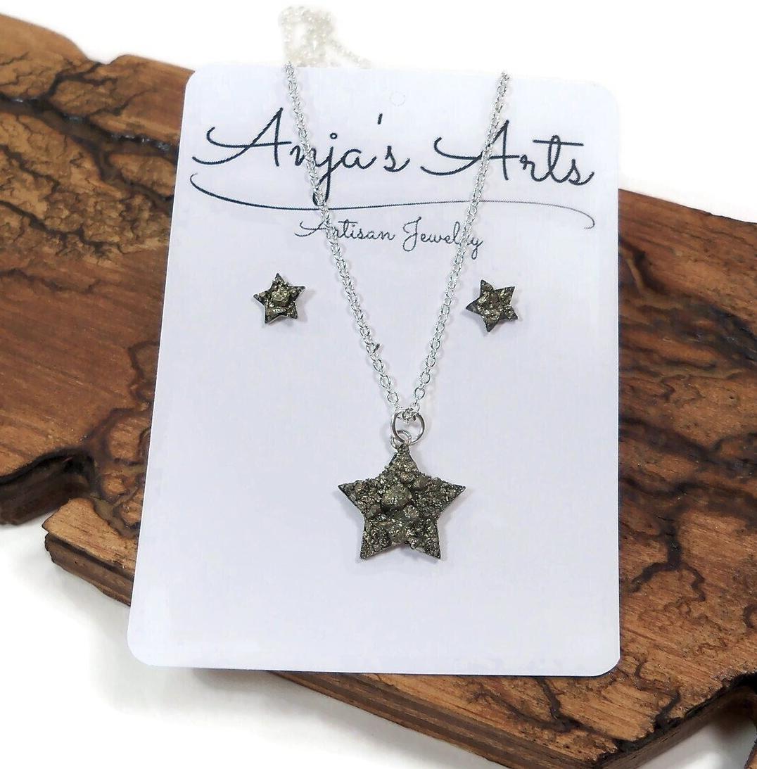 Star Pyrite Jewelry Set: Stainless Steel Studs, 18" Necklace