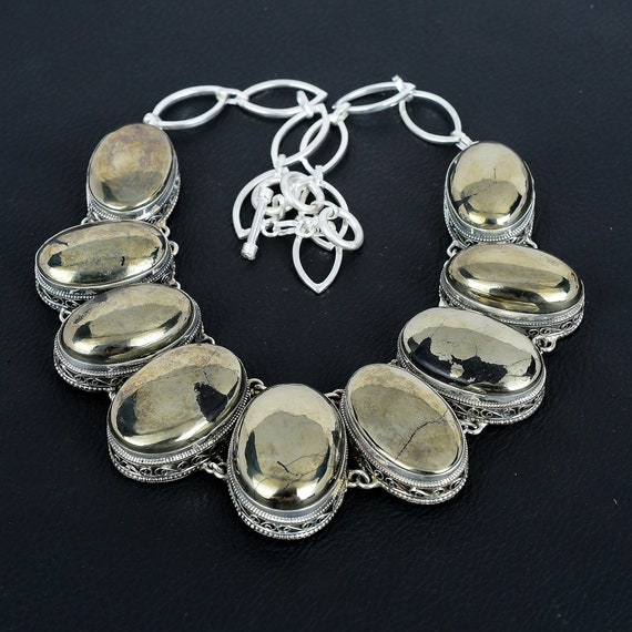Vintage Pyrite Necklace: Handmade 925 Sterling Silver, Adjustable Chain