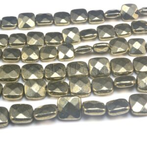 Pyrite Square Beads - Faceted Square Fools Gold Beads - Stone Bead Supplies - Natural Pyrite Gemstone Beads - Bronze Stone Beads - 15 Inch