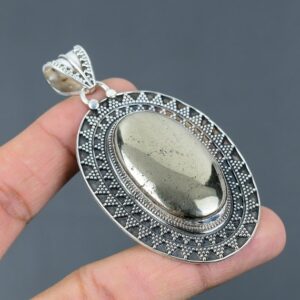 Handmade Oval Pyrite Pendant: Antique Sterling Silver Boho Jewelry Handmade Oval Pyrite Pendant: Antique Sterling Silver Boho Jewelry