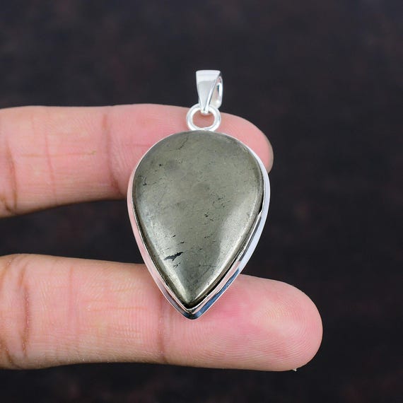 Handmade Pear Pyrite Pendant: 925 Sterling Silver Gemstone Jewelry