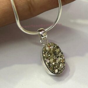 Handmade Pyrite Sterling Silver Pendant: Oval Boho Necklace Handmade Pyrite Sterling Silver Pendant: Oval Boho Necklace