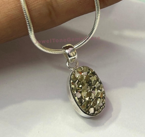 Handmade Pyrite Sterling Silver Pendant: Oval Boho Necklace Handmade Pyrite Sterling Silver Pendant: Oval Boho Necklace