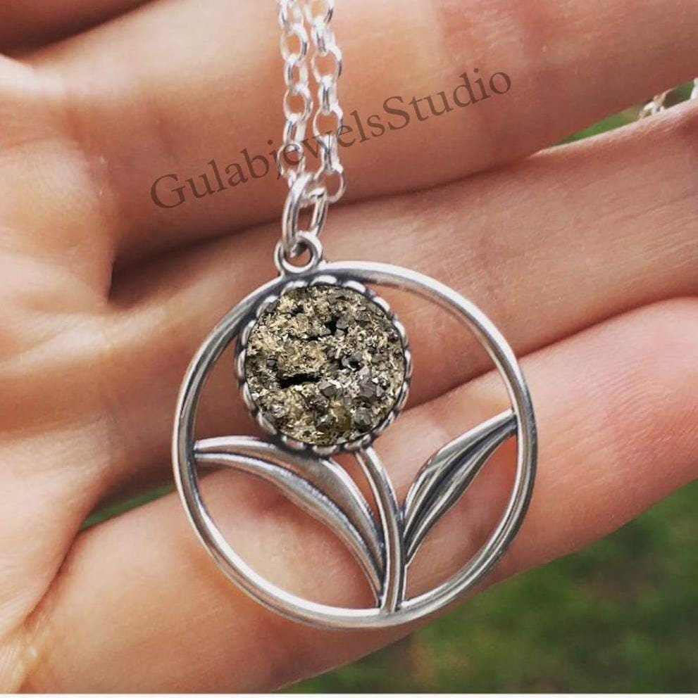 Raw Pyrite Sterling Silver Pendant - Minimalist Leaf Necklace