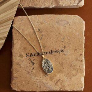Natural Pyrite Sterling Silver Pendant: Handmade Oval Necklace Natural Pyrite Sterling Silver Pendant: Handmade Oval Necklace