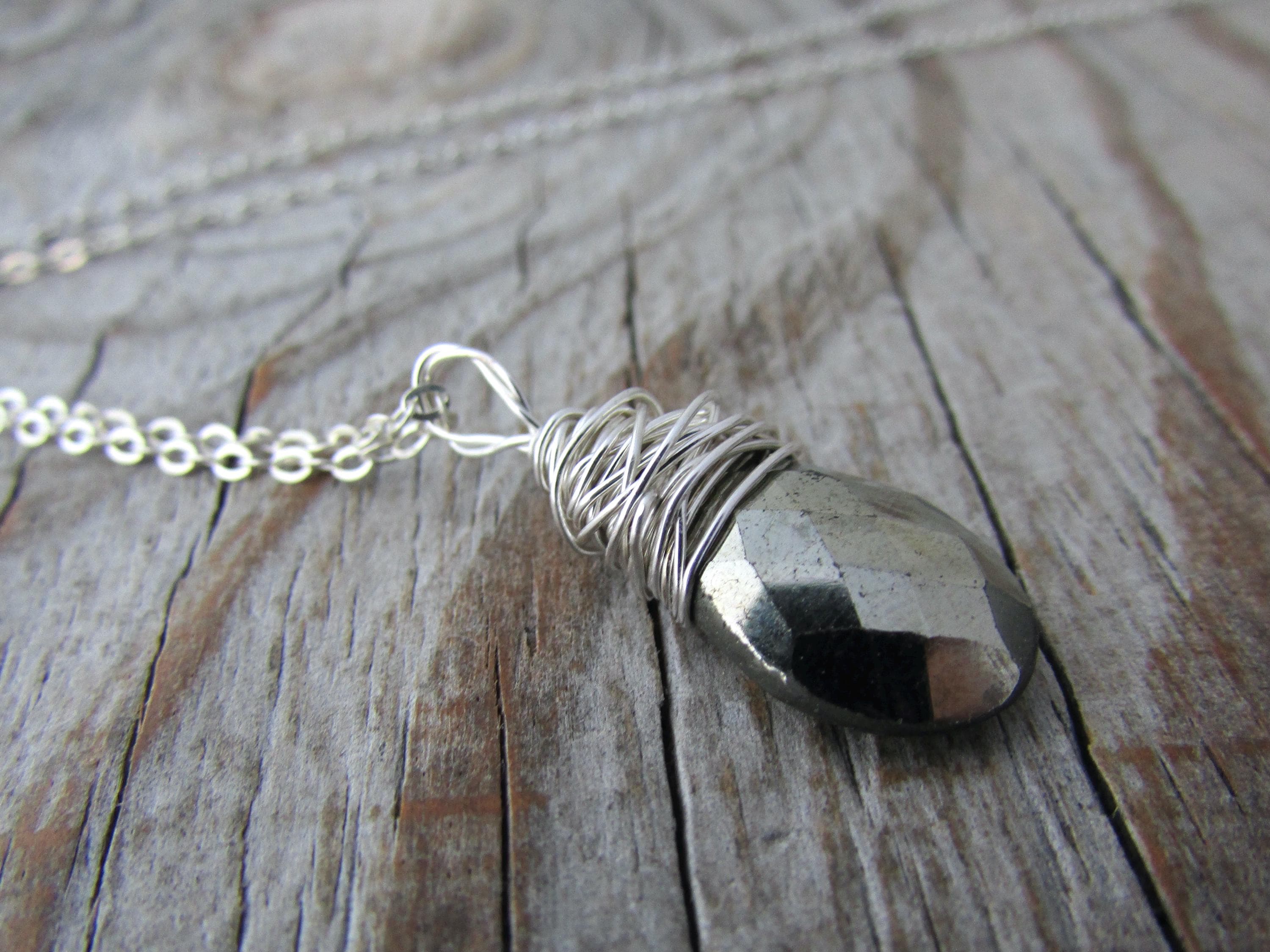 Pyrite Necklace, Small, Faceted, Wire Wrapped Pyrite Pendant