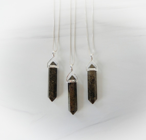 Pyrite Point Pendant Set In Sterling Silver • Sterling Silver Gemstone Points • Natural Crystal Point Necklace • Gift For Crystal Lover Pyrite Point Pendant Set In Sterling Silver • Sterling Silver Gemstone Points • Natural Crystal Point Necklace • Gift For Crystal Lover