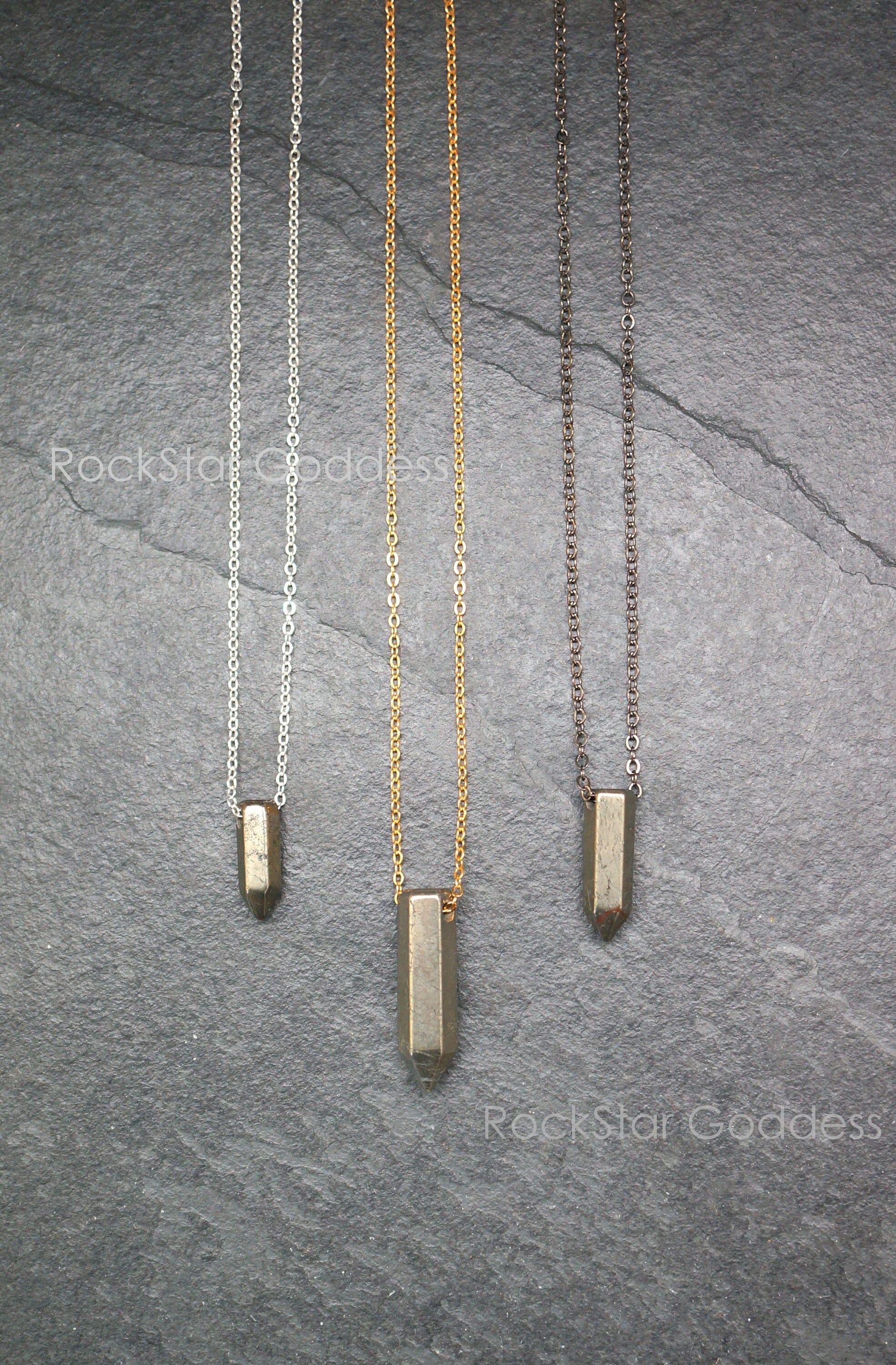Polished Pyrite Pendant Necklace: Sterling Silver, Gold Filled, Gunmetal Chain