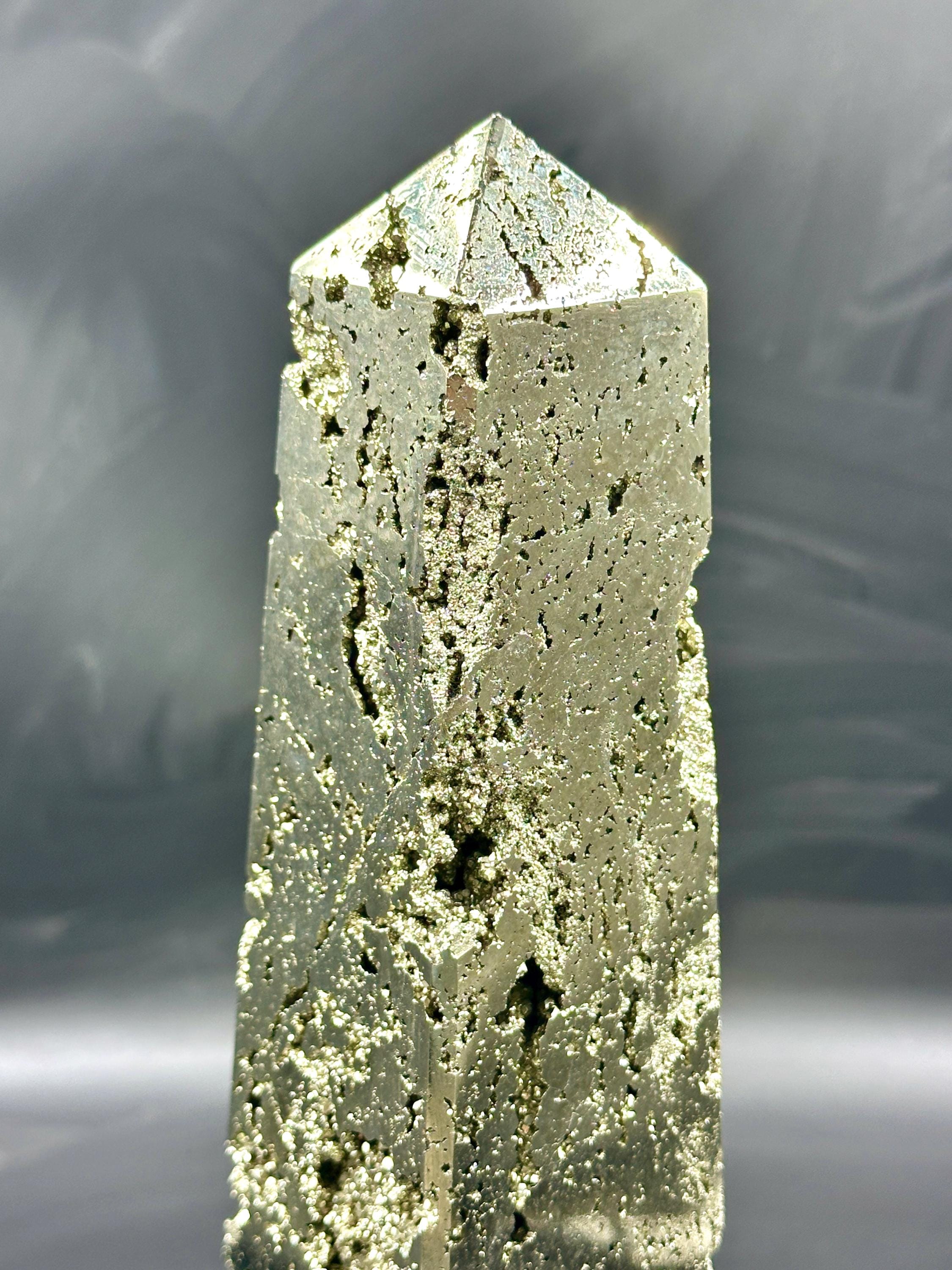 Large 300mm Peru Peru Pyrite Druzy Tower: Museum Quality Obelisk Tower