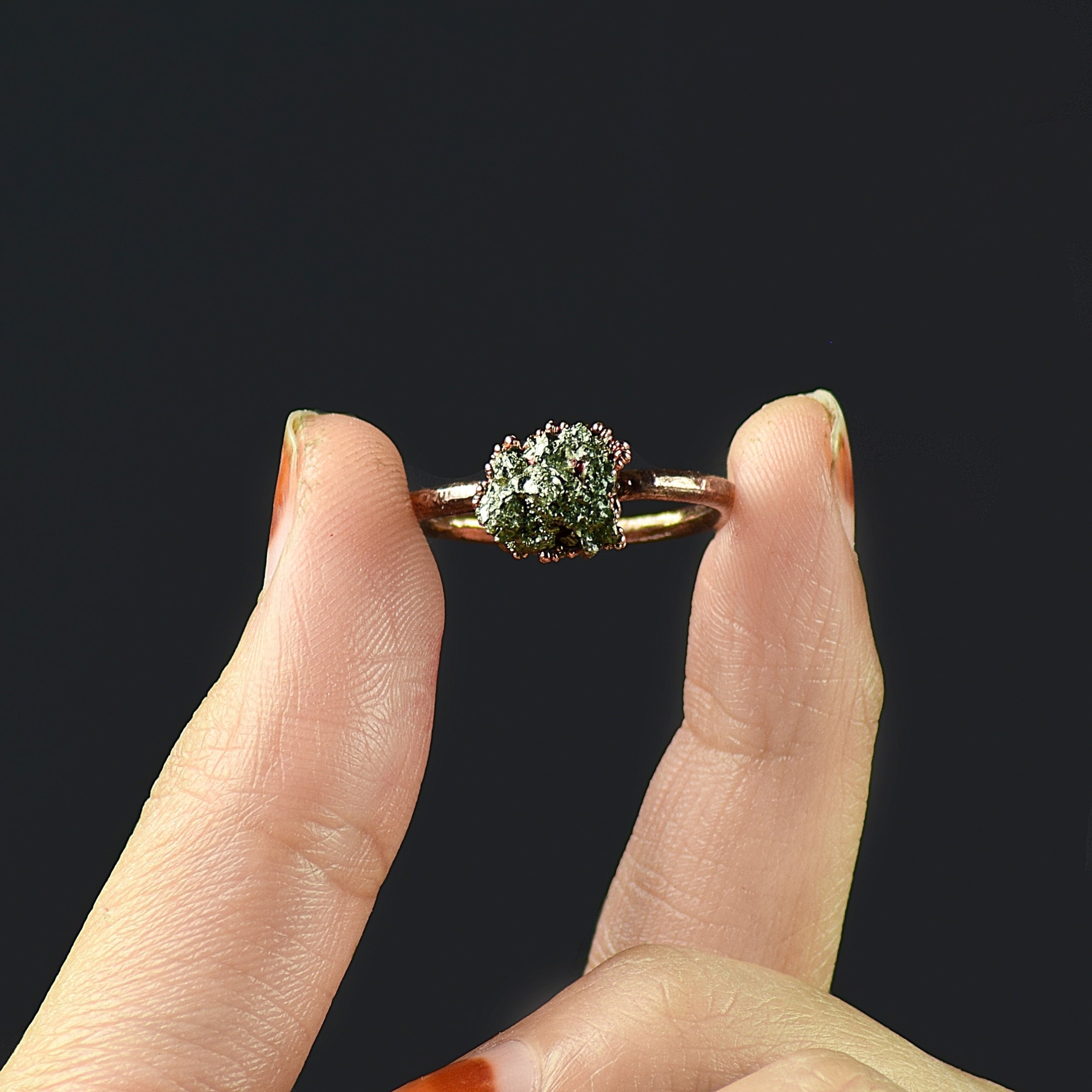 Green Pyrite Ring , Rose Gold Plated Copper, Size 6