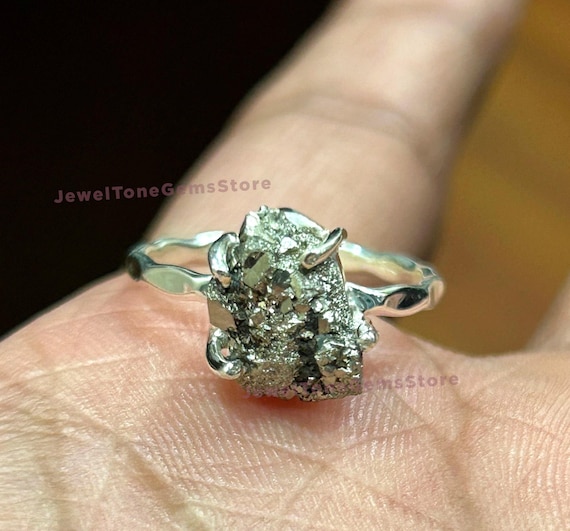 Handmade Pyrite Ring: 925 Sterling Silver Band, Boho Healing Crystal