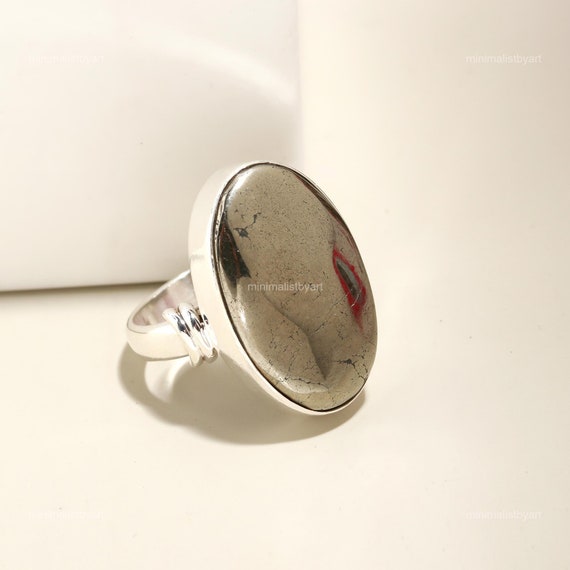 Natural Pyrite Ring: Oval Gemstone, Sterling Silver Statement Jewelry
