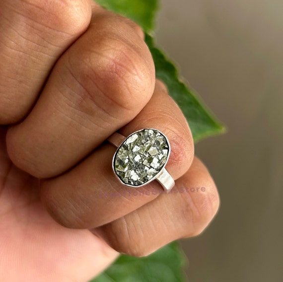 Oval Pyrite Ring: Natural Gemstone, 925 Sterling Silver