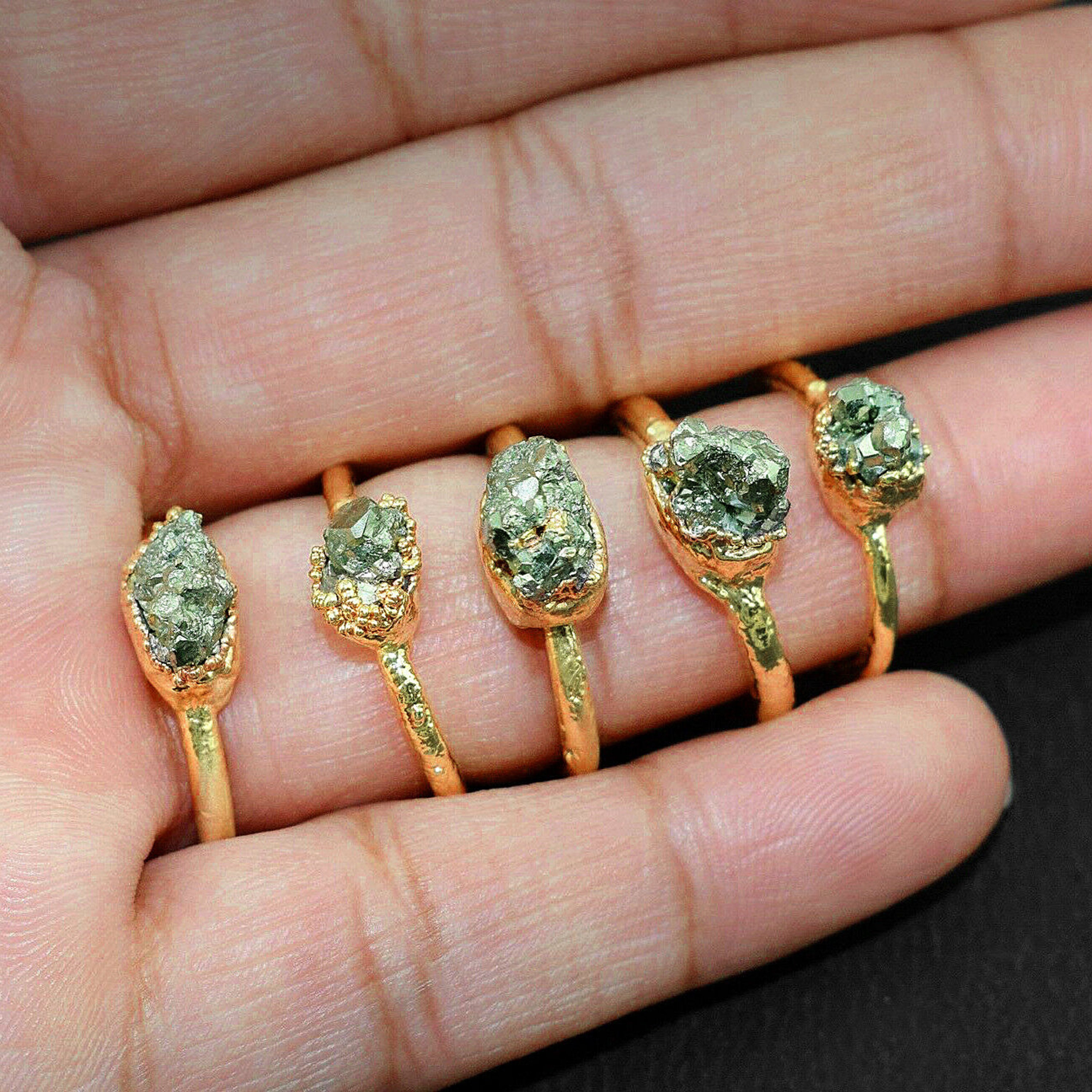 Raw Green Pyrite Copper Ring | Vintage Gemstone Fashion
