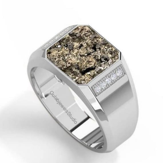 Raw Pyrite Men's Ring, Octagon Birthstone Ring Raw Pyrite Men's Ring, Octagon Birthstone Ring