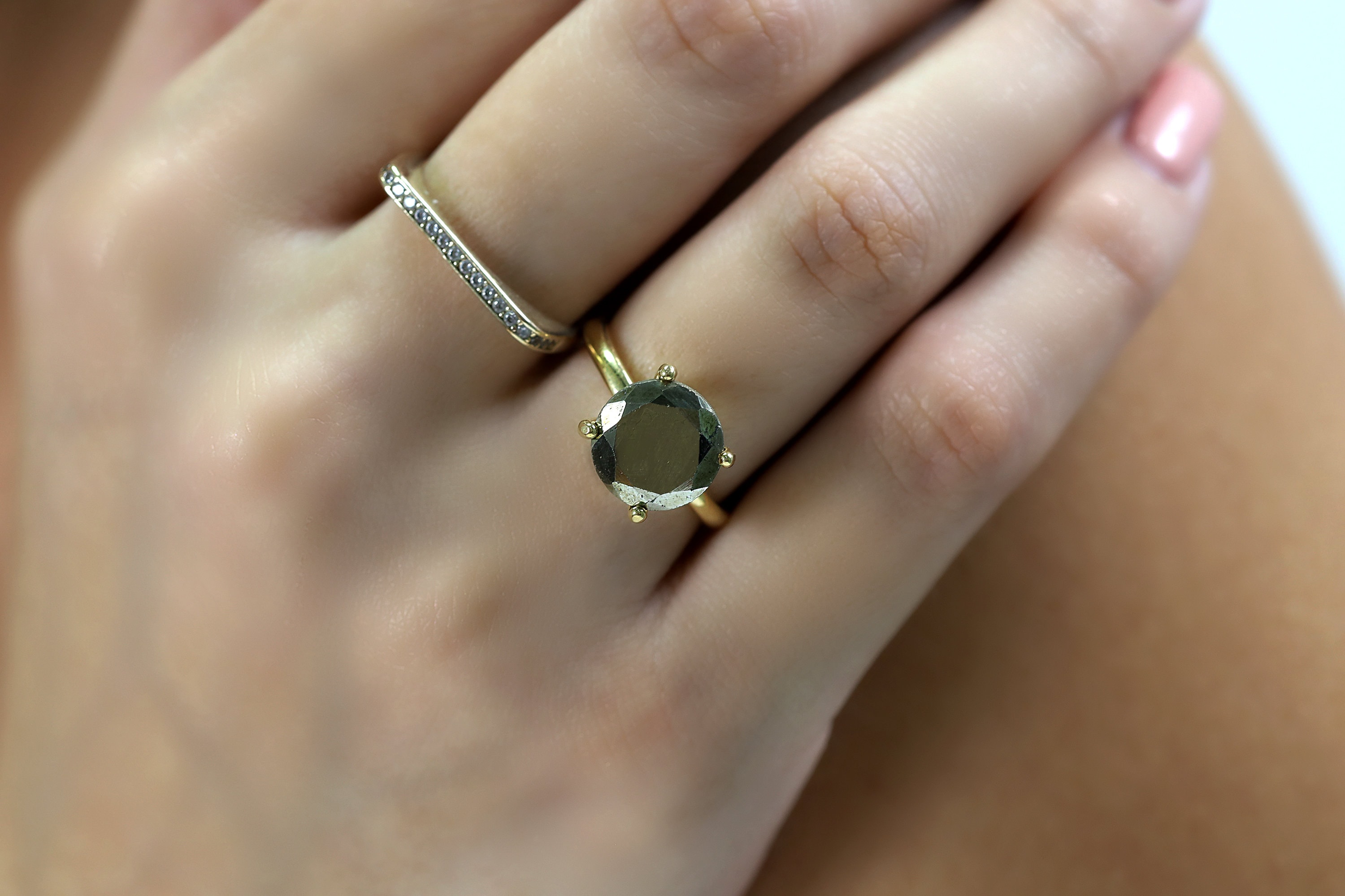 Raw Wild Pyrite Solitaire Ring · Stackable Grey Pyrite Gold Ring · 4 Prong Ring For Women Raw Wild Pyrite Solitaire Ring · Stackable Grey Pyrite Gold Ring · 4 Prong Ring For Women