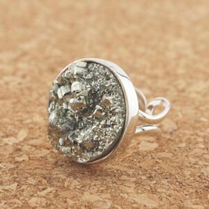 Round Pyrite Ring: Adjustable Sterling Silver Stone Ring