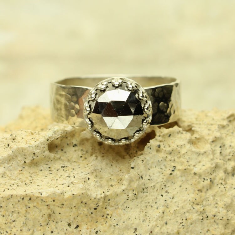 Pyrite Silver Ring, Gold Antique Rose Cut Sterling Silver Ring, Size 7