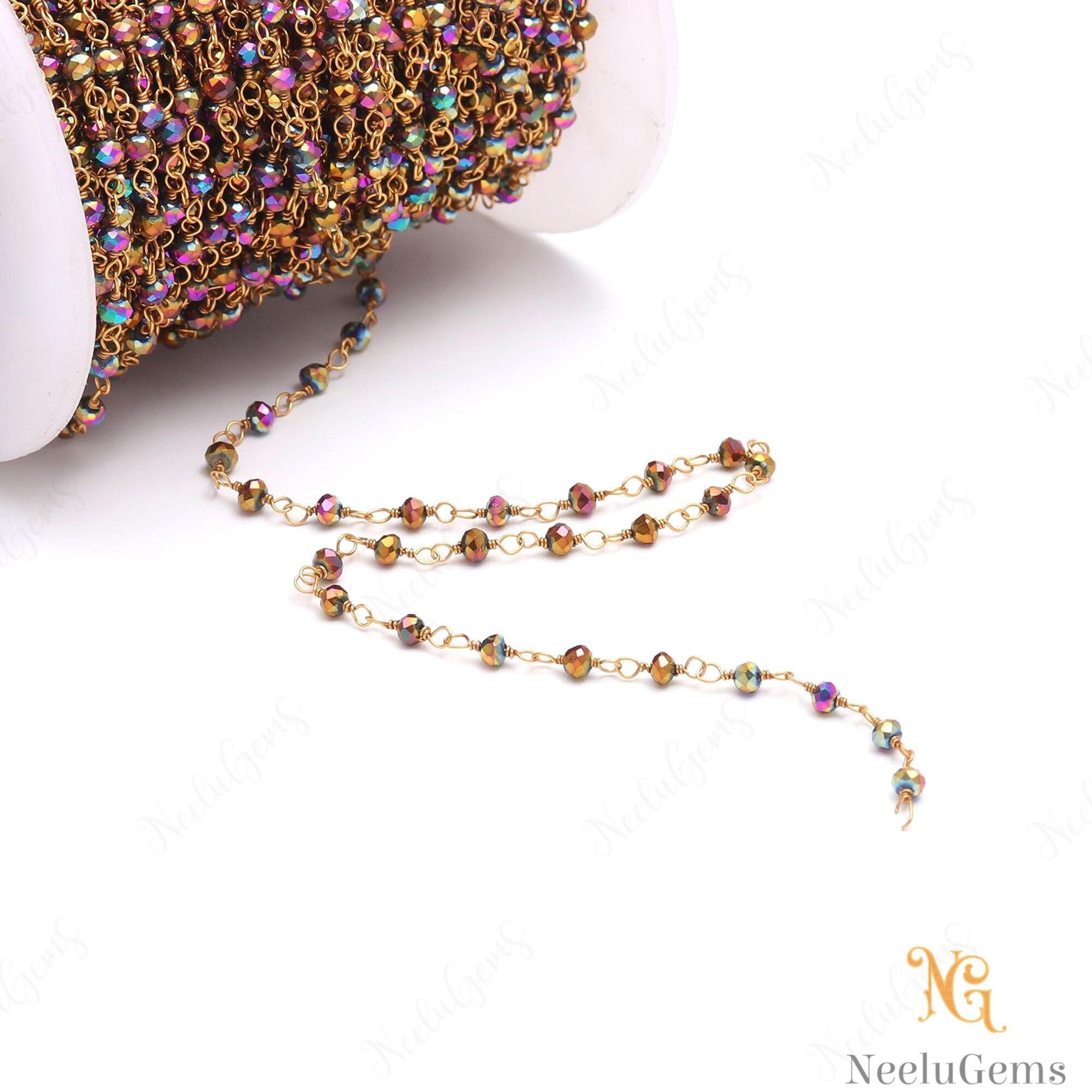 Beautiful Mystic Pyrite Hydro Rondelle Beads Chain,3 Mm Gold Plated Wire Wrap Microcut Beaded Chain,rosary Chain For Handmade Jewelry
