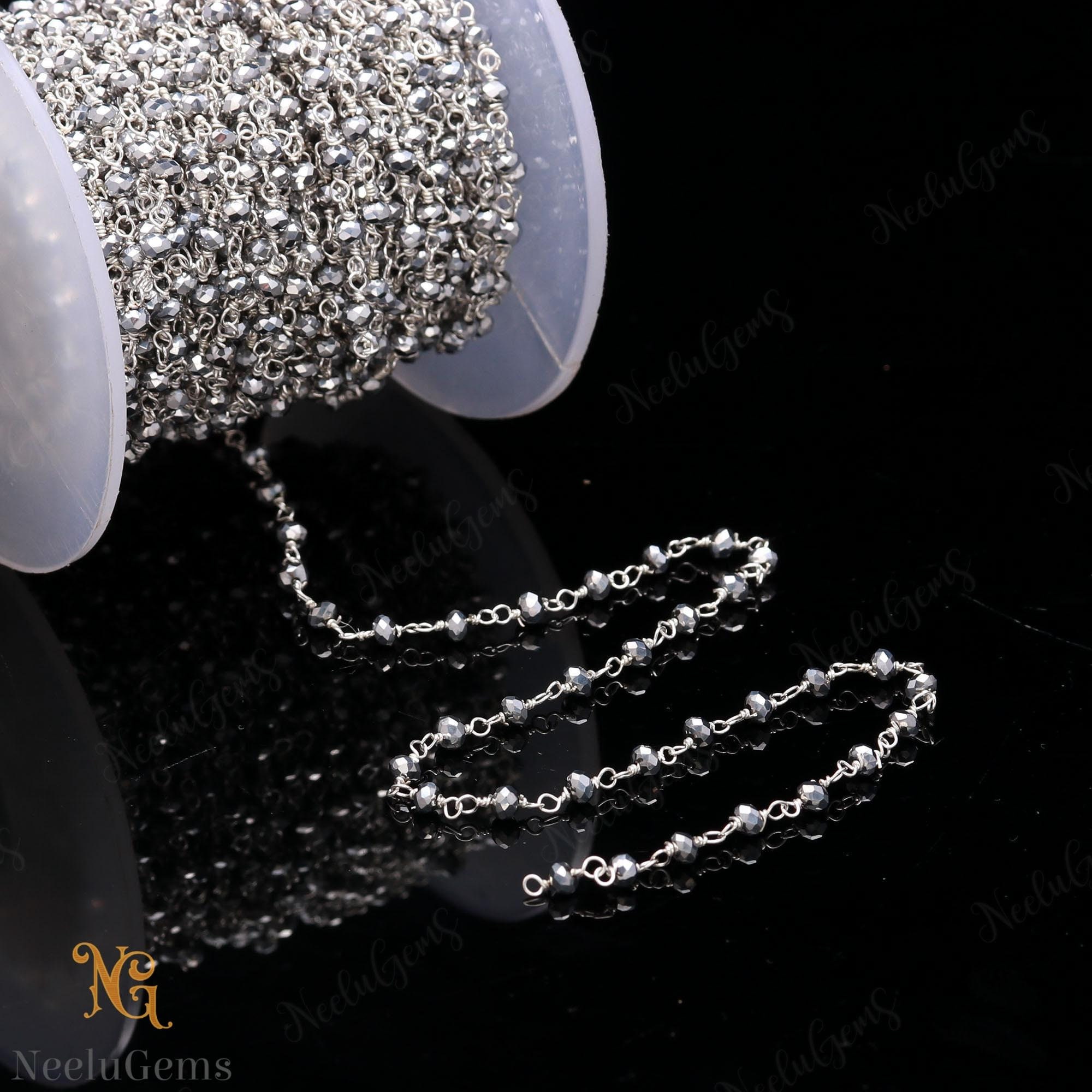 Beautiful Silver Pyrite Hydro Rondelle Beads Chain,3 Mm Silver Plated Wire Wrap Microcut Beaded Chain,rosary Chain For Handmade Jewelry