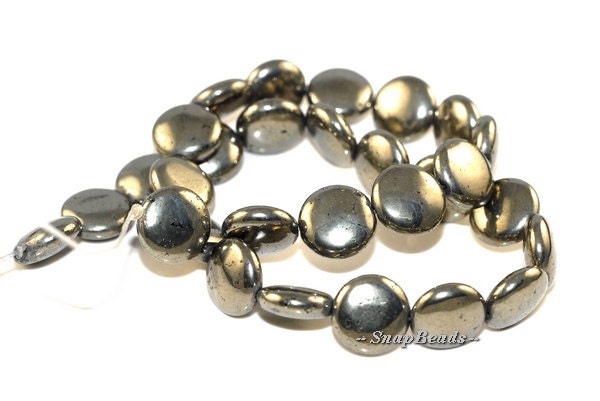 14mm Iron Pyrite Gemstones Flat Round Circle Coin Button 14mm Loose Beads 7 Inch Half Strand (90106980-107)