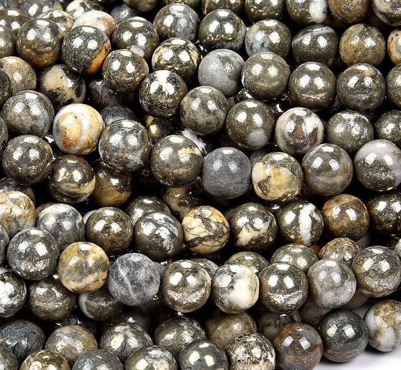 Natural Iron White Copper Pyrite Intrusion Gemstone Round 4mm 6mm 8mm 10mm Loose Beads (279)