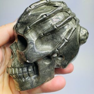 Pyrite Crystal Skull with Horseshoe Crab, Pyrite Skull with claws, Unique Skull Carving, Human Skull Art, Horseshoe crab skull