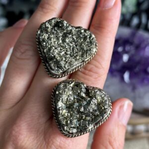Extra Large Statement Tibetian Silver Pyrite Heart Adjustable Ring, Crystal Costume Jewelry