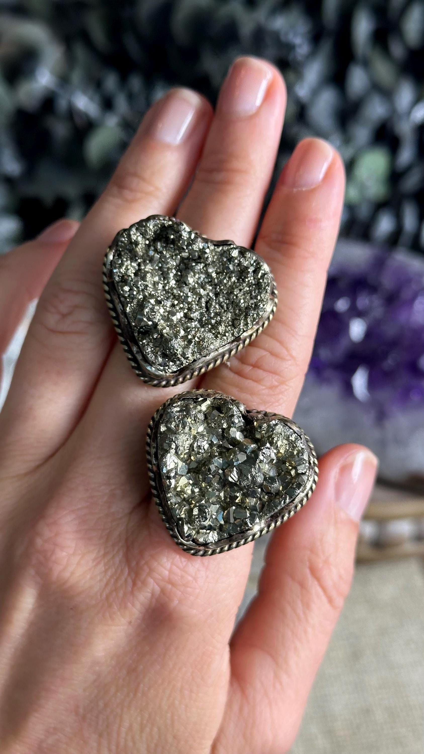 Extra Large Statement Tibetian Silver Pyrite Heart Adjustable Ring, Crystal Costume Jewelry