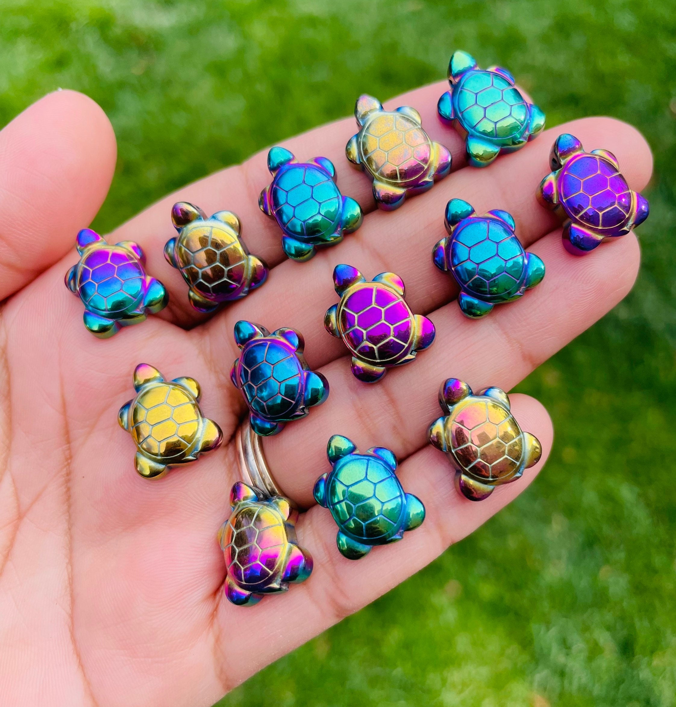 Mini Rainbow Titanium Pyrite Turtle: Carved Crystal Gemstone (13x17mm)