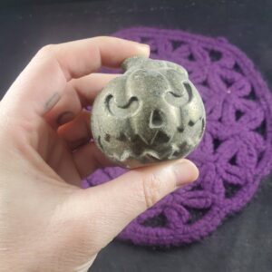 Pyrite Pumpkin Carved Jack O Lantern Face Fools Gold Crystal Stones carving Halloween Fall Autumn Season Decor polished