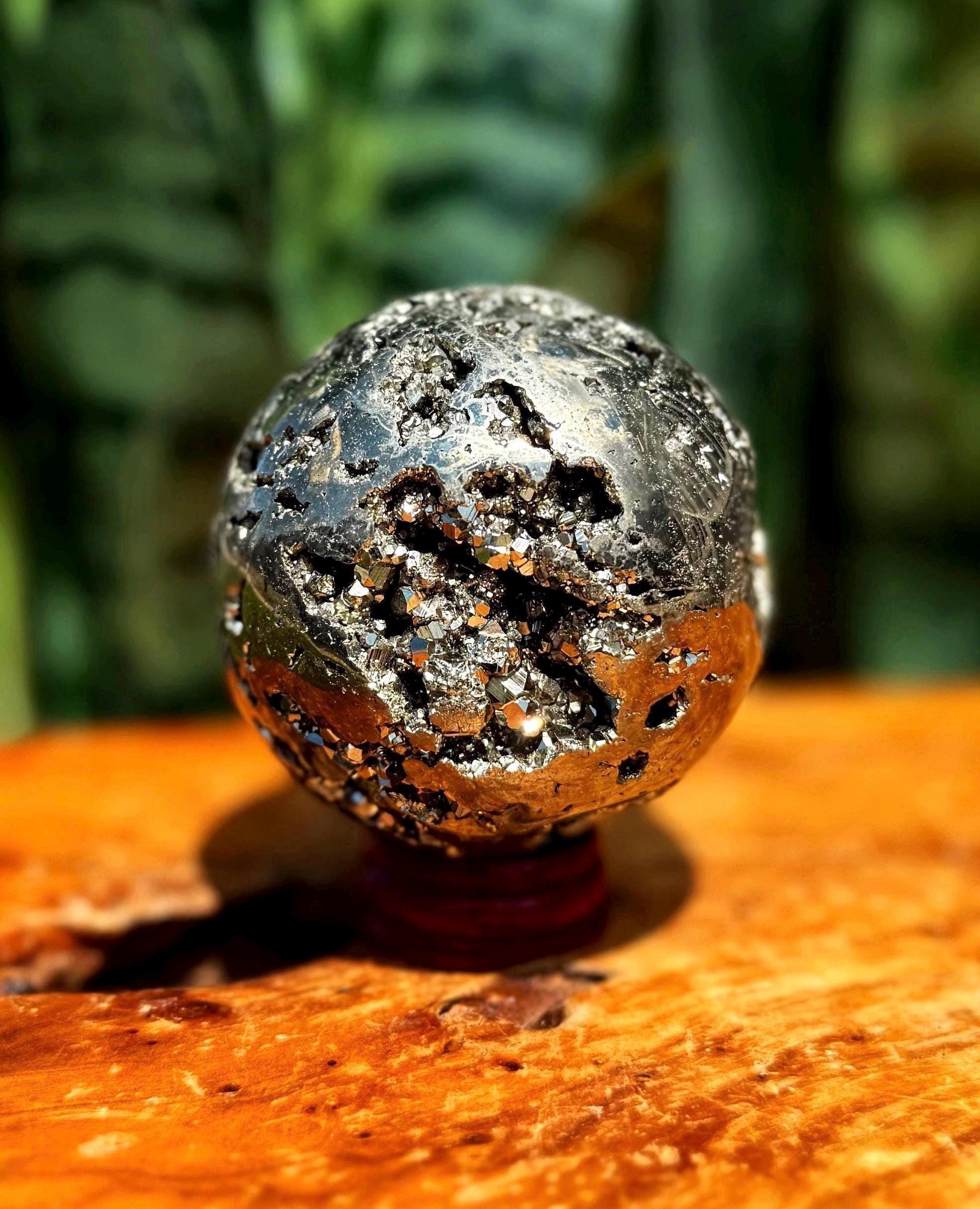 Pyrite Sphere W/ Stand For Manifesting Wealth & Abundance - Solar Plexus Chakra - Pyrite Crystal - Prosperity Crystal