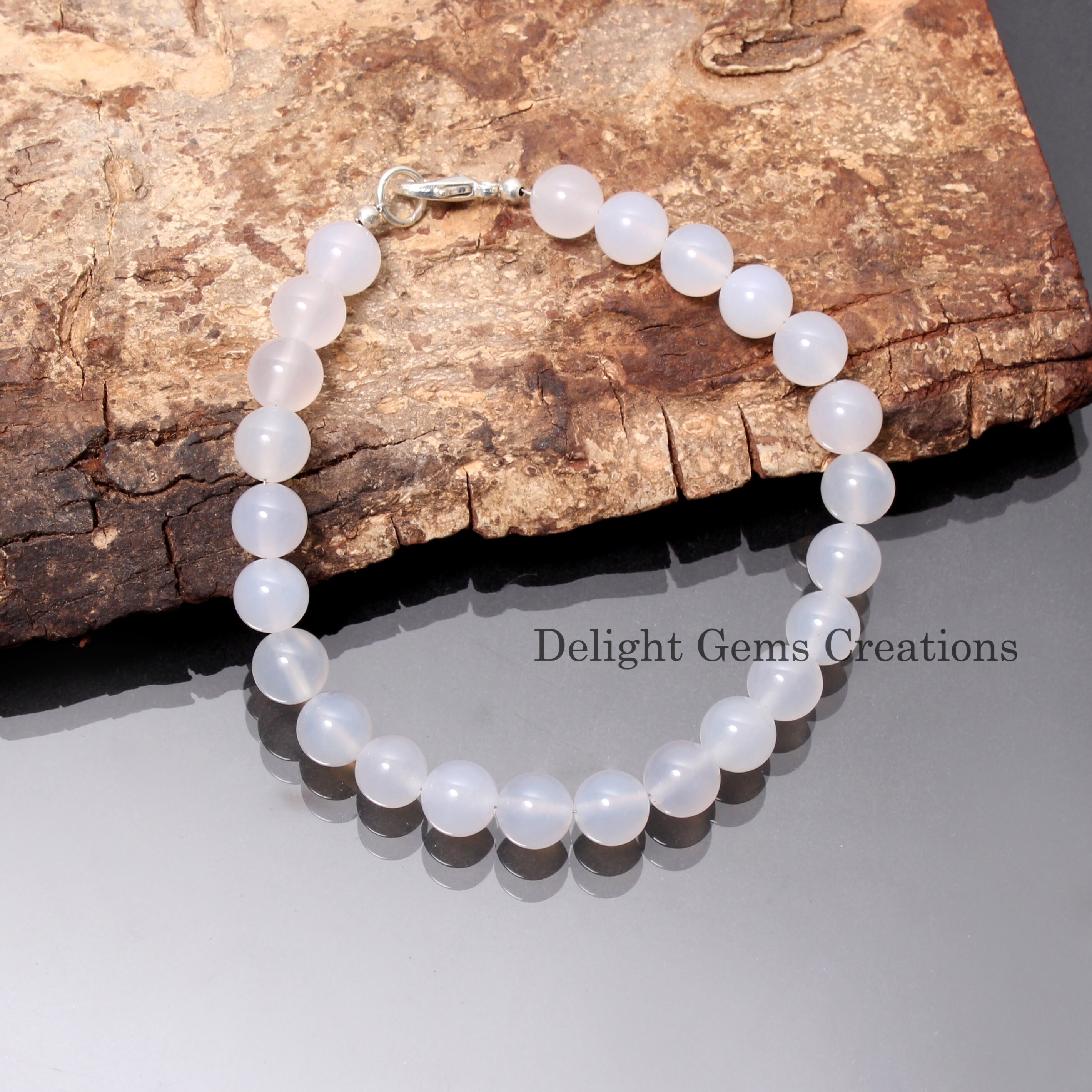 8mm Quartz Round Beads Bracelet - White Ice Quart Crystal Jewelry - Women's Elegant Jewelry Piece - 925 Sterling Silver