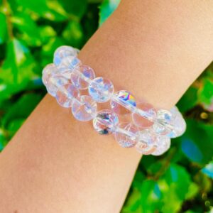 Clear Quartz Crystal Bracelet with Silver Flower Rainbow Reflections Clear Quartz Crystal Bracelet with Silver Flower Rainbow Reflections