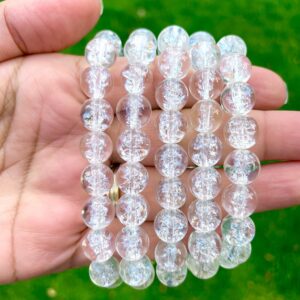 Crackled Clear Quartz Crystal Bracelet: Round Bead Gemstone Crackled Clear Quartz Crystal Bracelet: Round Bead Gemstone