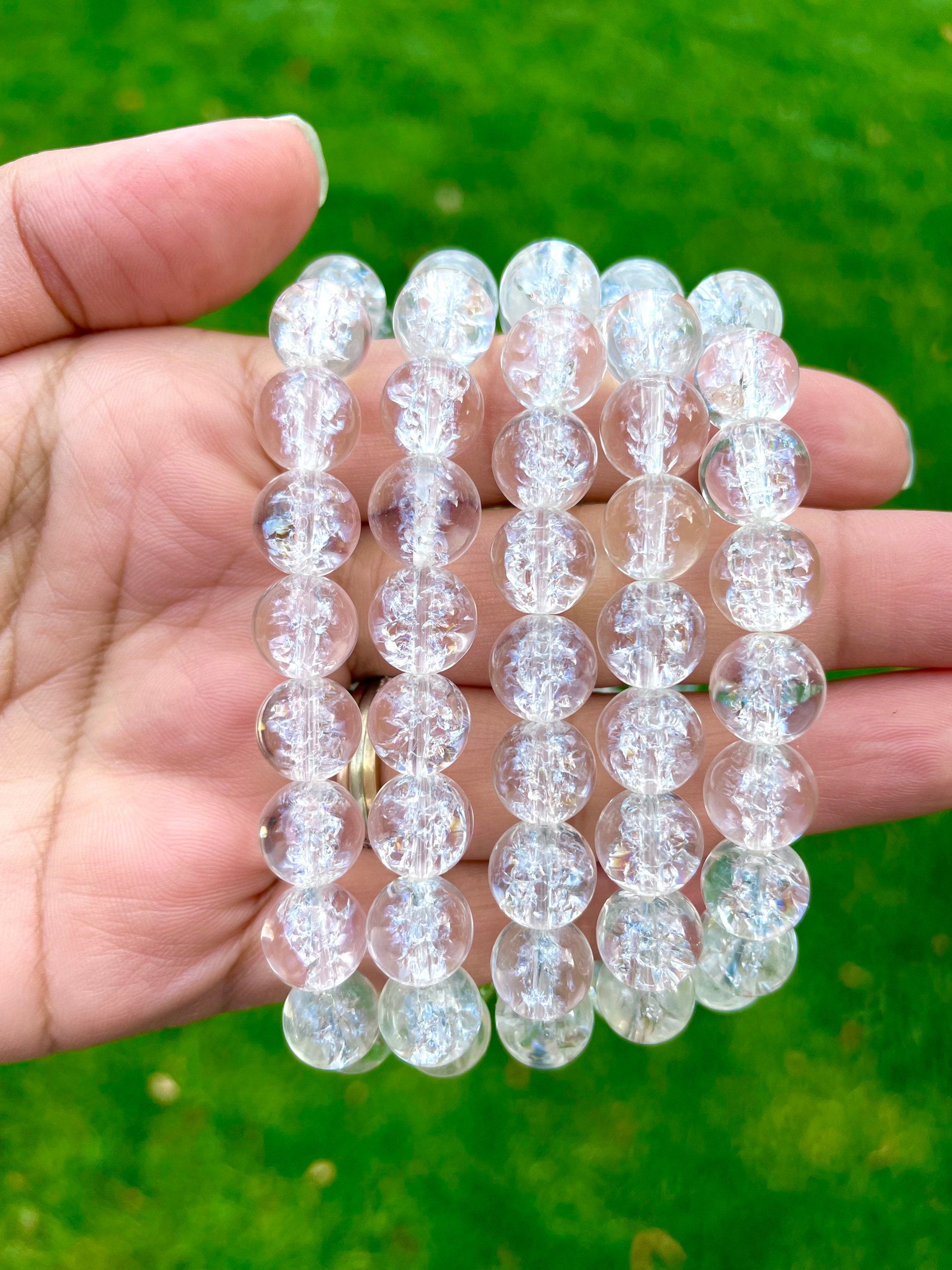 Crackled Clear Quartz Crystal Bracelet: Round Bead Gemstone