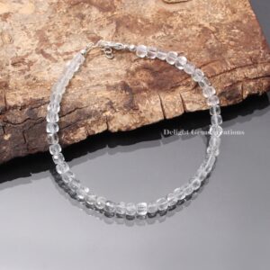 Faceted Crystal Quartz Cube Bracelet, Beaded Design, 8 Inch Faceted Crystal Quartz Cube Bracelet, Beaded Design, 8 Inch