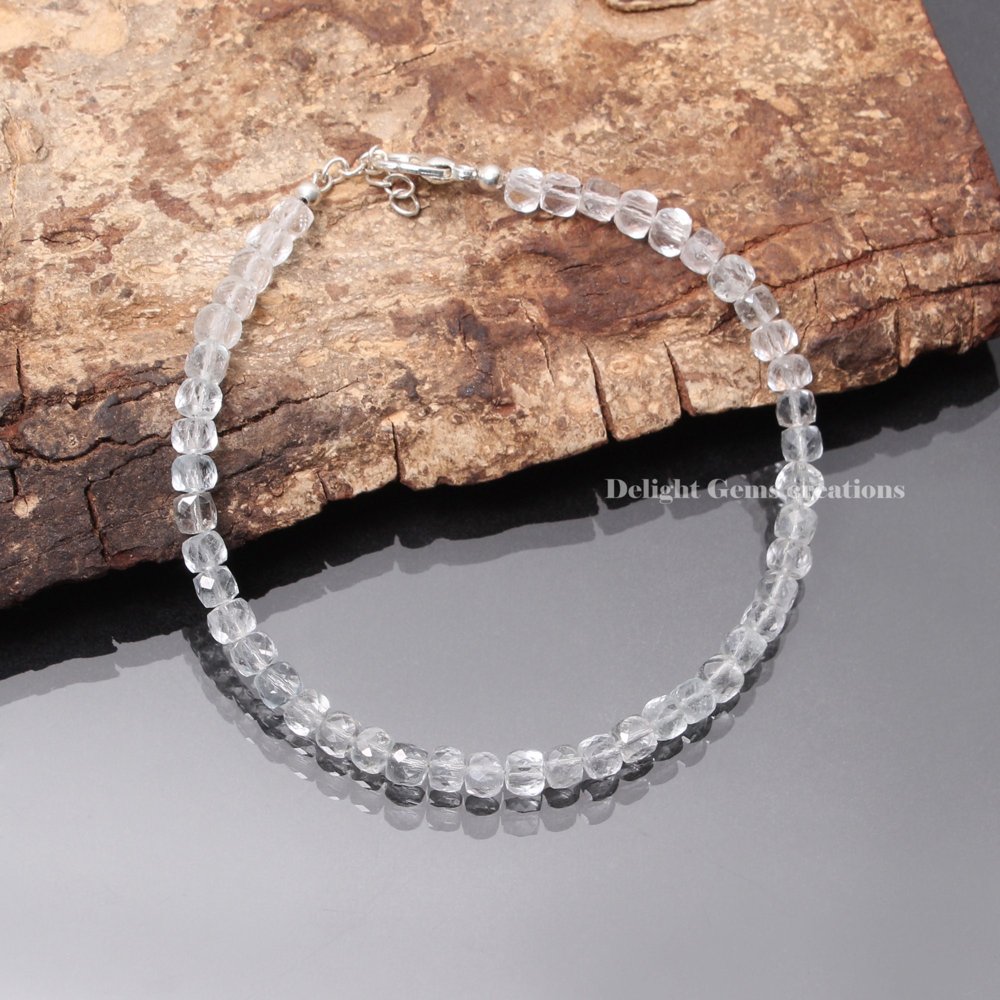 Faceted Crystal Quartz Cube Bracelet, Beaded Design, 8 Inch