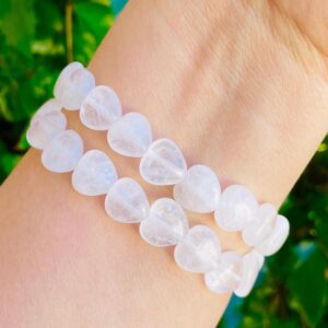 Frosted Clear Quartz Heart Bracelet: 14mm Crystal Gemstone Frosted Clear Quartz Heart Bracelet: 14mm Crystal Gemstone