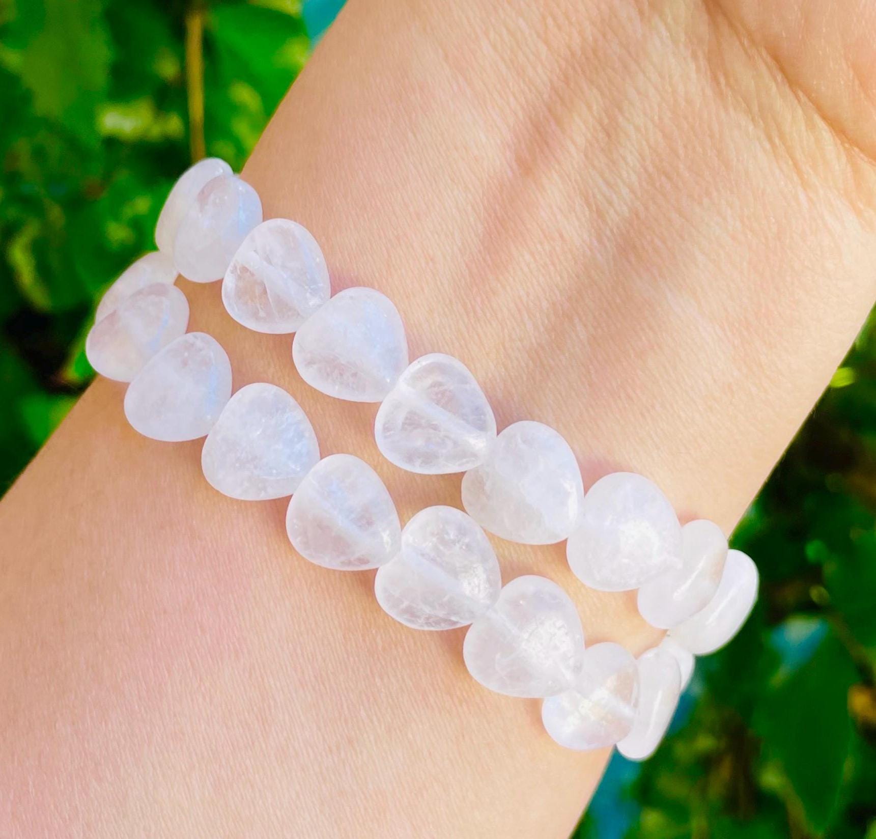 Frosted Clear Quartz Heart Bracelet: 14mm Crystal Gemstone