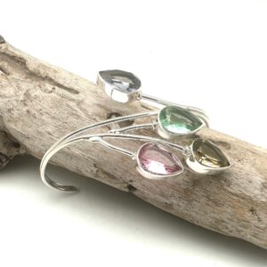 Multi Color Quartz Cuff Bracelet, Sterling Silver Leaf Design, 8" Multi Color Quartz Cuff Bracelet, Sterling Silver Leaf Design, 8"