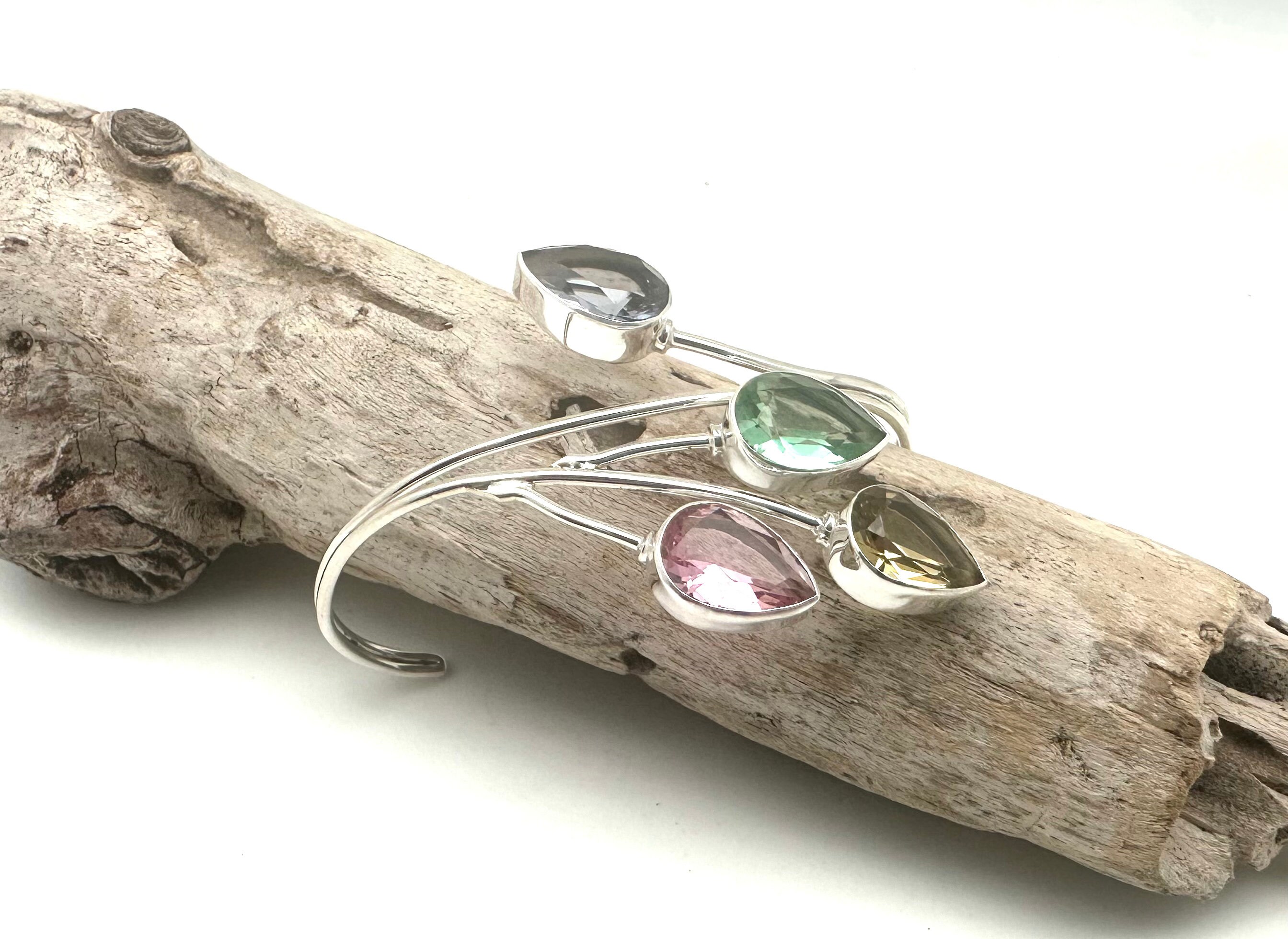 Multi Color Quartz Cuff Bracelet, Sterling Silver Leaf Design, 8" Multi Color Quartz Cuff Bracelet, Sterling Silver Leaf Design, 8"