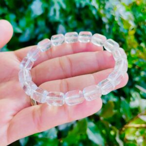 Natural Clear Quartz Crystal Bracelet: Round Barrel Bead Gemstone Natural Clear Quartz Crystal Bracelet: Round Barrel Bead Gemstone