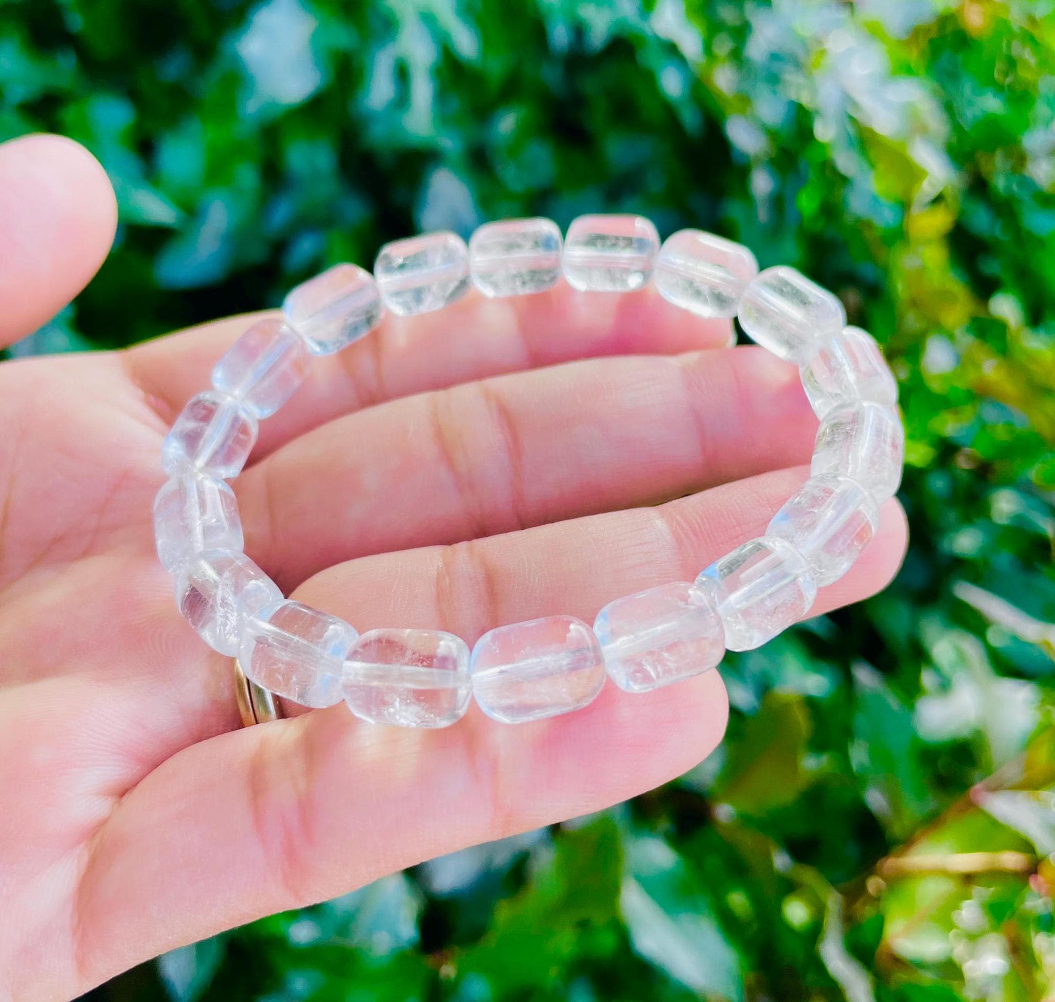 Natural Clear Quartz Crystal Bracelet: Round Barrel Bead Gemstone