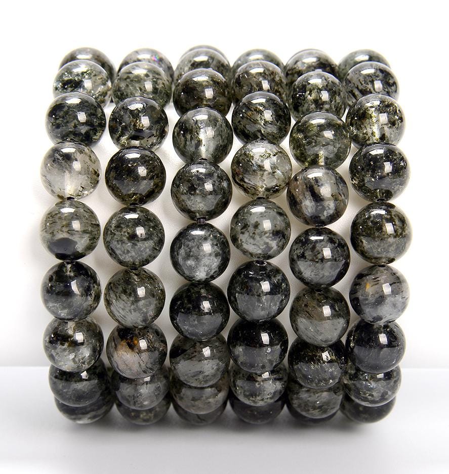 Natural Rare Black Phantom Mica Quartz Gemstone Grade Aaa Round Bracelet 10mm 7.5 Inch Strand (80019870-s36)