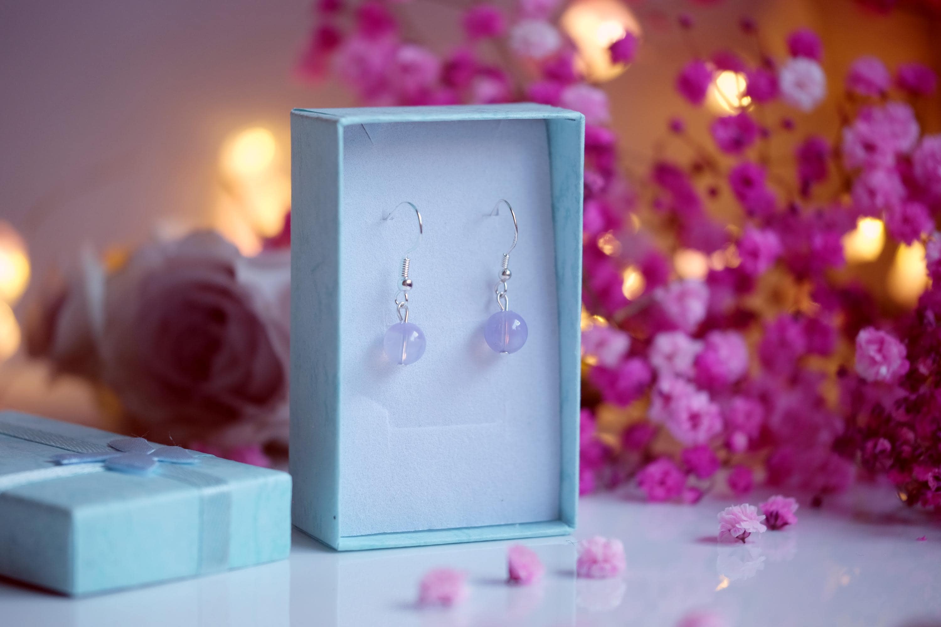 8mm Lavender Moon Quartz Bead Silver Dangle Earrings